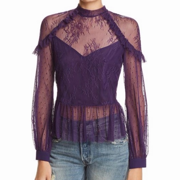 Bardot Splice Lace Blouse Top Womens Purple Ruffle Sheer Whimsgoth Fairy Medium - Picture 5 of 14